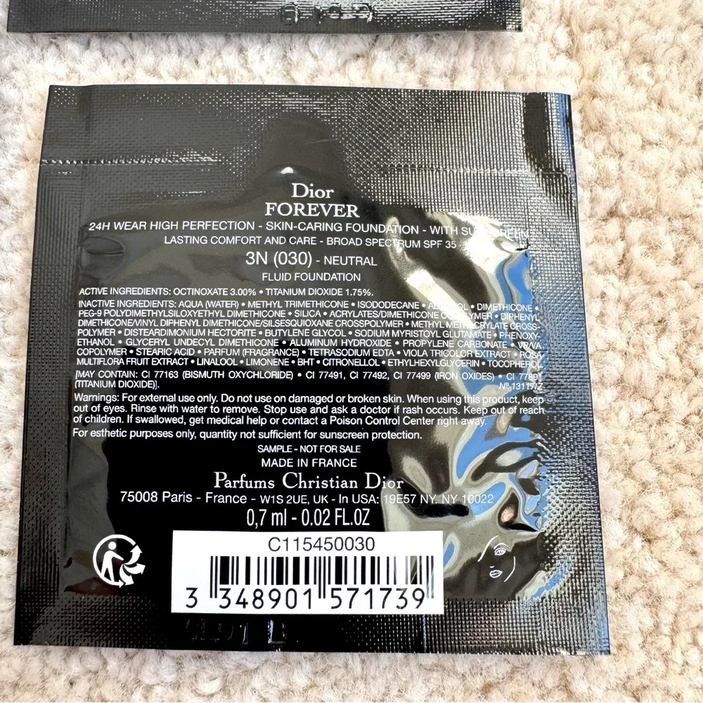 Dior Forever 24H Wear High Perfection Foundation Samples in 3N SPF35 Travel
